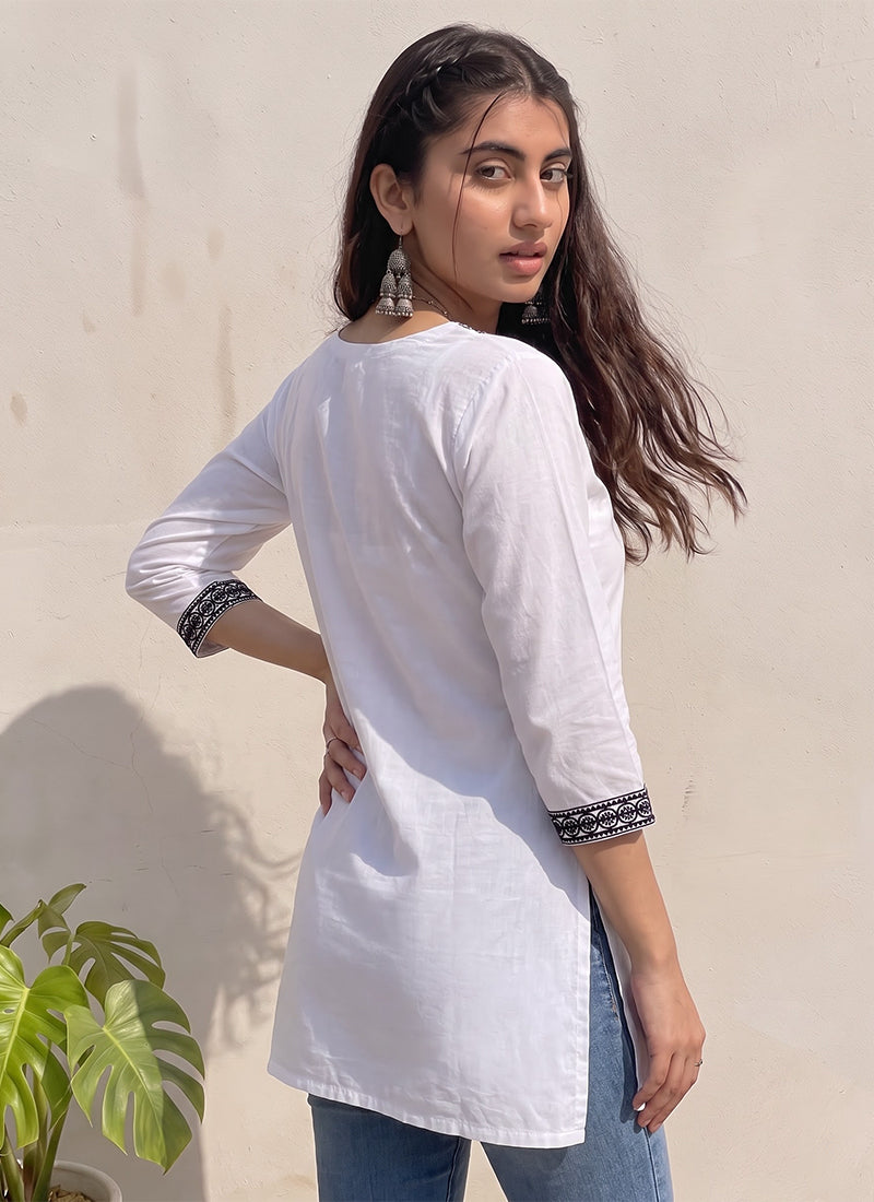 White Cotton Printed OutWear Kurti