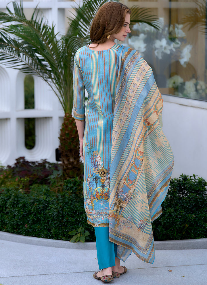 Sky Blue Silk Blend Printed Kurta Set For Festive