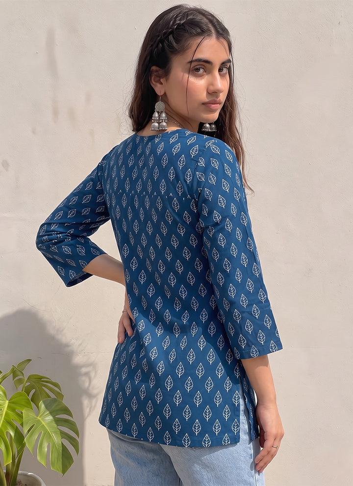 Teal Blue Cotton Floral Printed Outwear Kurti