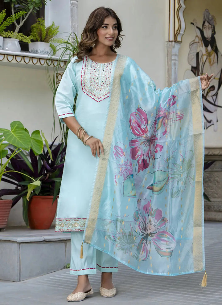 Aqua Blue Cotton Embroidered Festive Wear Kurta Set