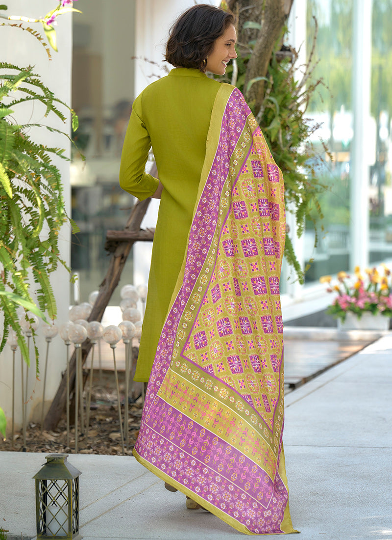 Olive Green Plain Straight Kurta Set With Printed Dupatta