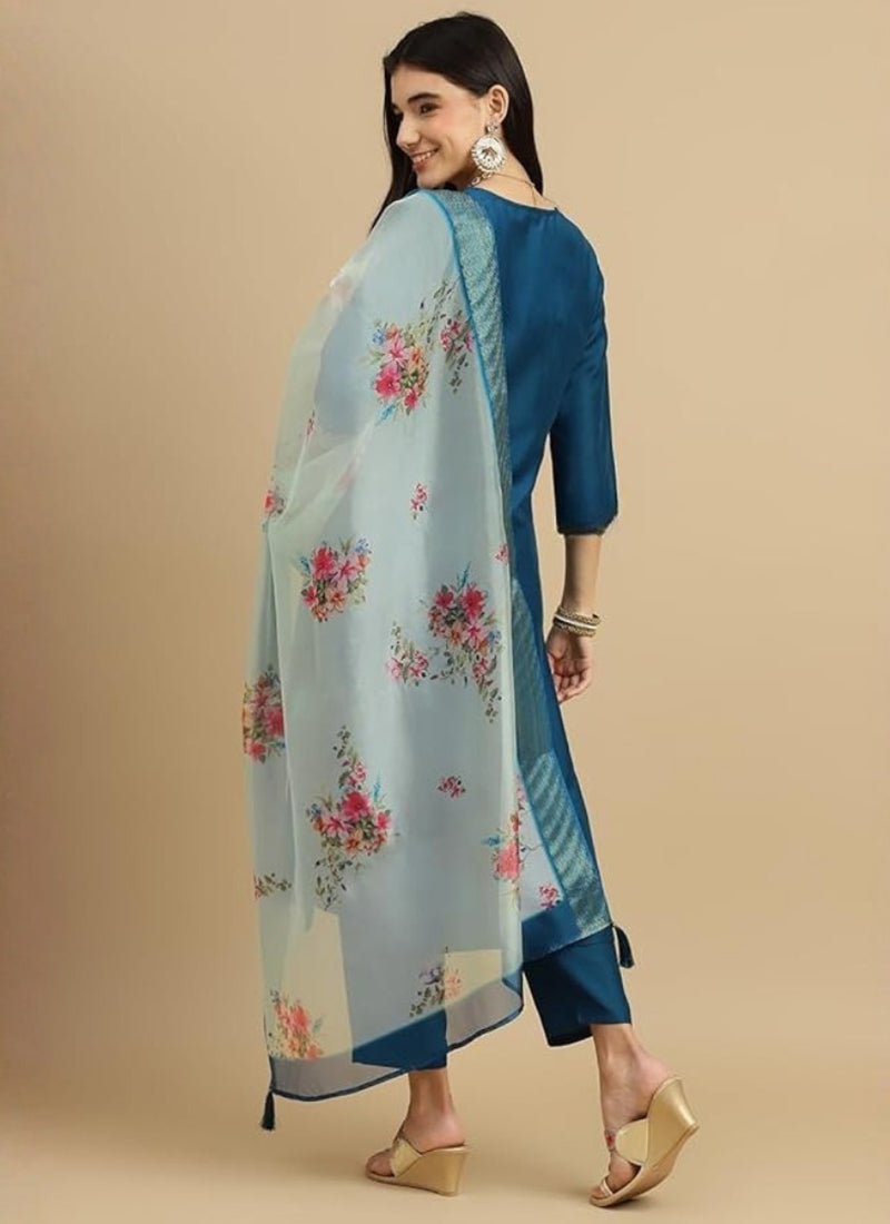 Teal Blue Rayon Embroidered Straight Kurta Set