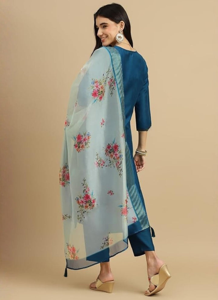Teal Blue Rayon Embroidered Straight Kurta Set
