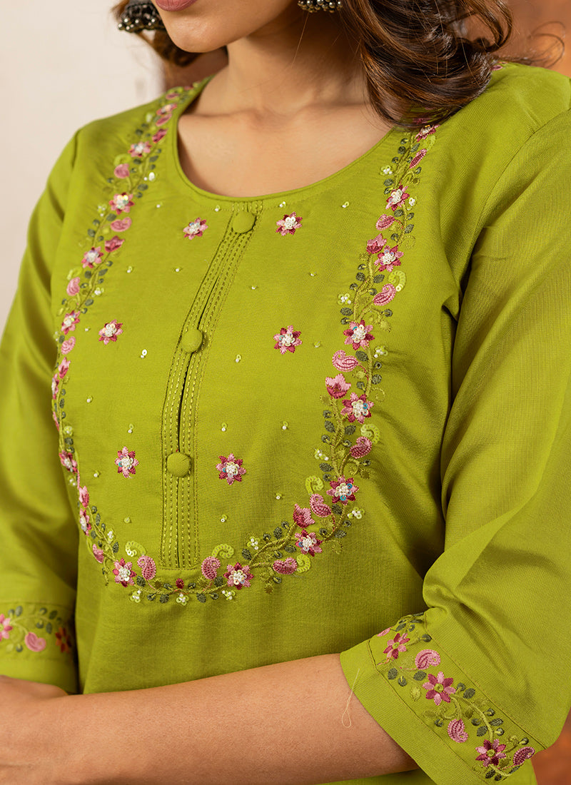 Green Embroidered Marina Silk Kurta Set