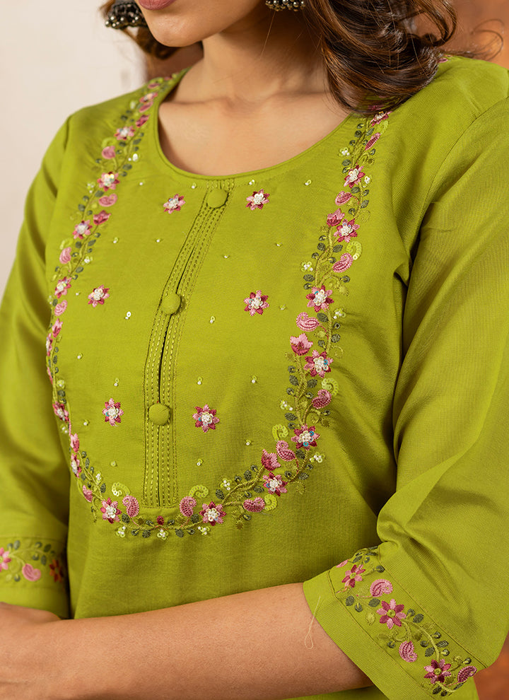 Green Embroidered Marina Silk Kurta Set