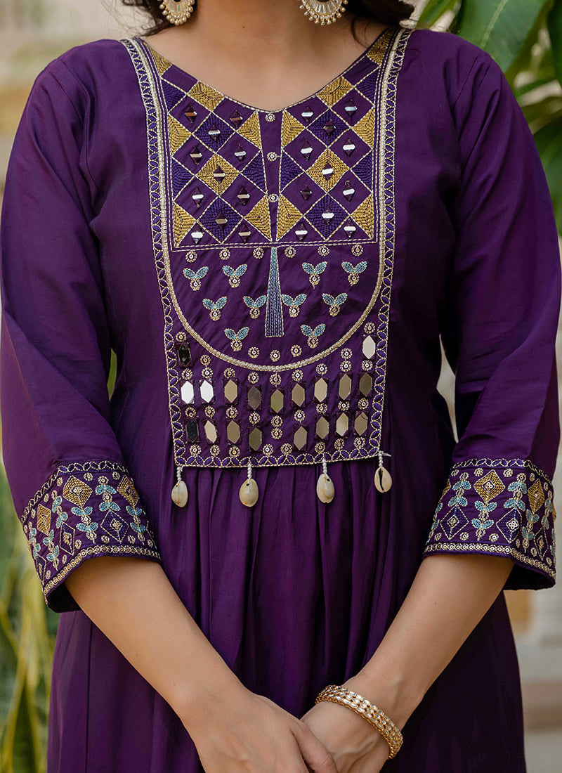 Purple Viscose Roman Silk Layered Kurta Set