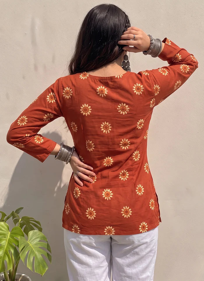 Orange Flower Printed Cotton V Neck Kurti