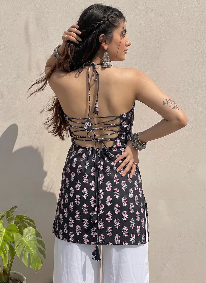 Black Cotton Printed Halter Neck Kurti