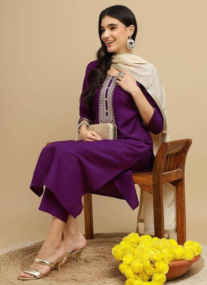 Purple Rayon Embroidered Straight Kurta Set