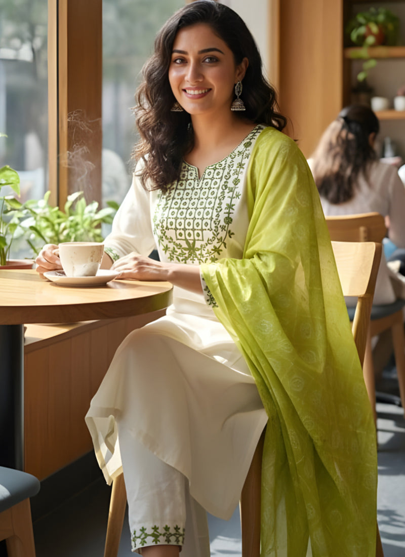 White Thread Embroidered Rayon Straight Kurta Set