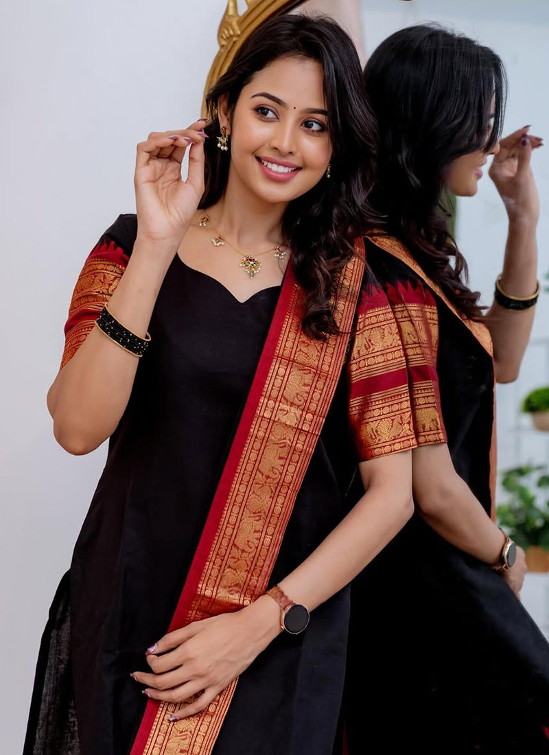Kanchi Cotton Black Weaving Casual Kurta And Dupatta
