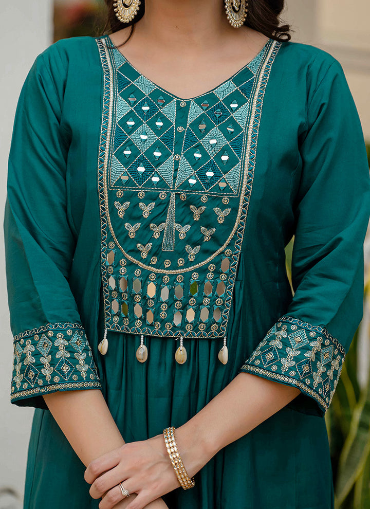Teal Viscose Roman Silk Layered Kurta Set