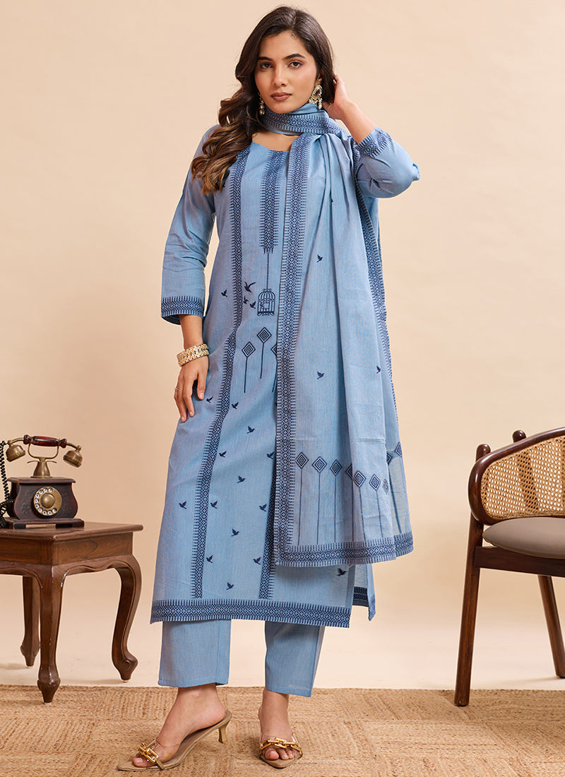 Sky Blue Pure Cotton Jacquard Festive Kurta Set