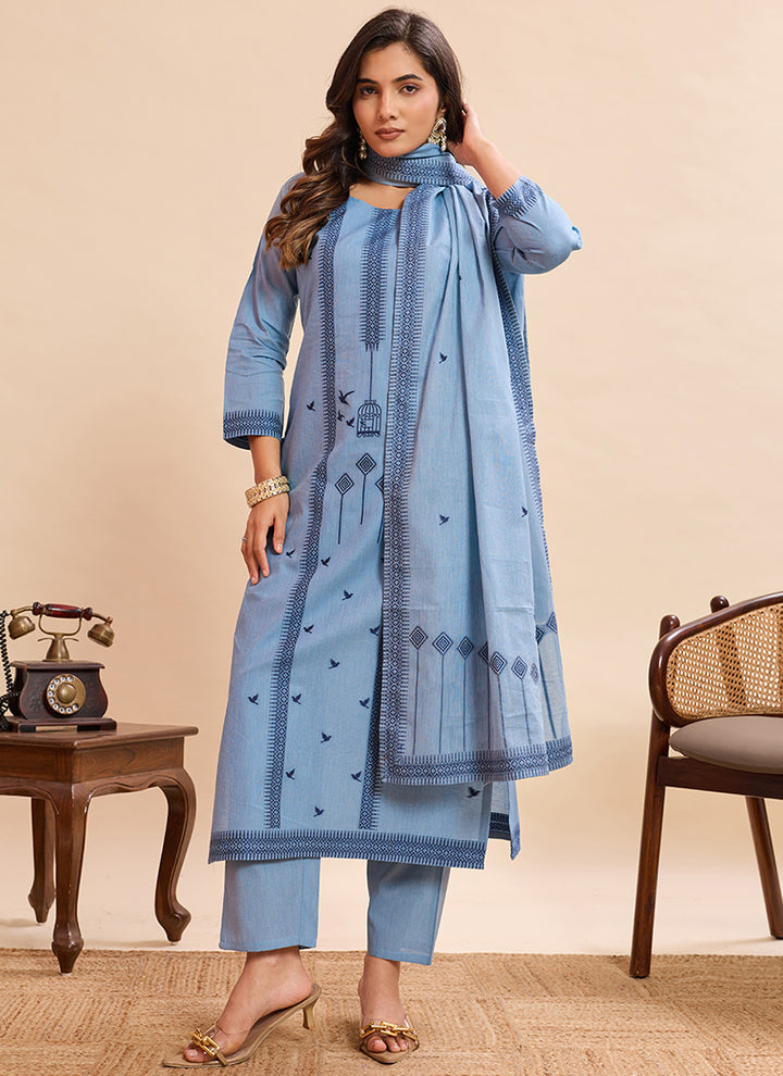 Sky Blue Pure Cotton Jacquard Festive Kurta Set