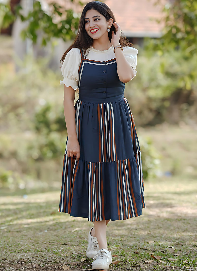 Navy Blue Stripes Printed Rayon Shirring Details Dungaree