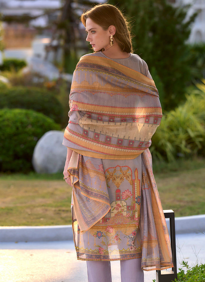Silk Blend Lavender Kurta Set With Printed Dupatta