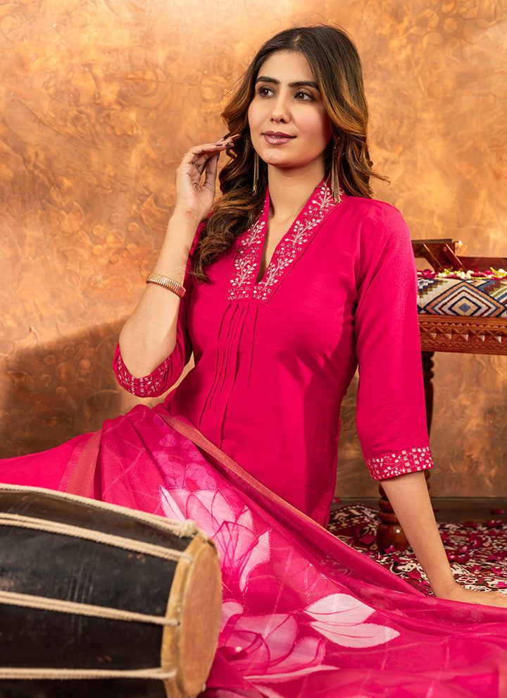 Fuchsia Roman Silk Embroidered Kurta Set For Ceremonial