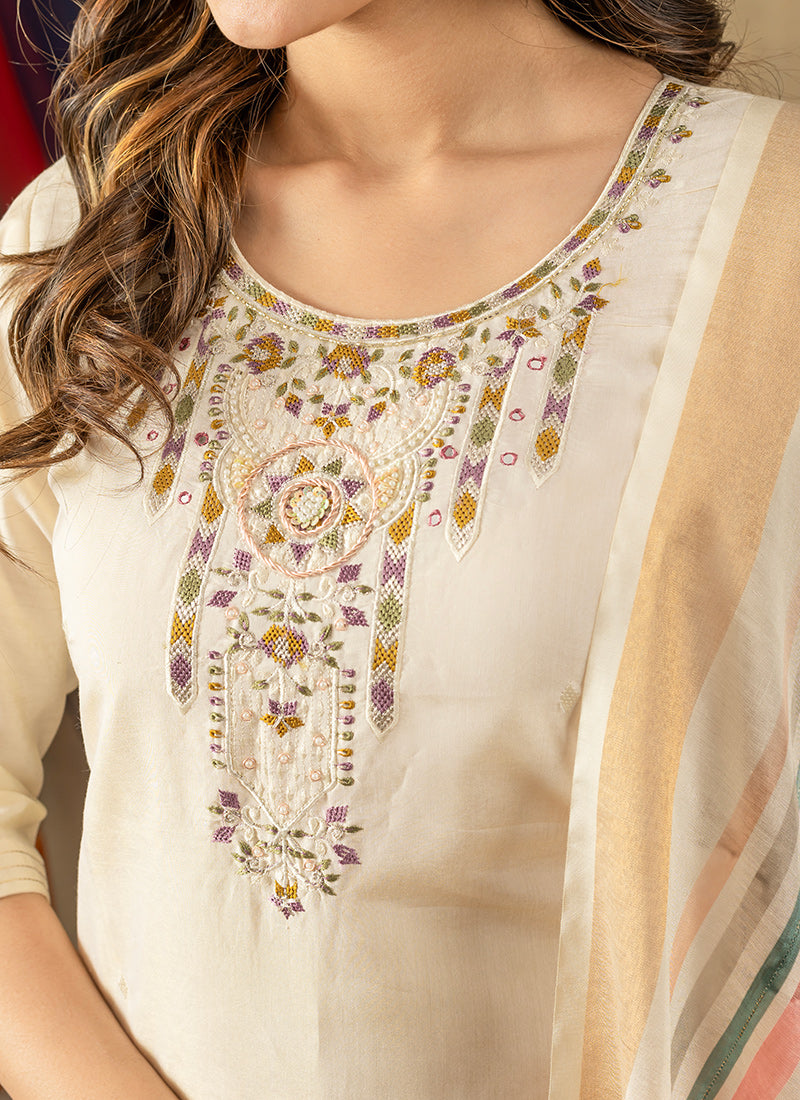 Off White Shimmer Silk Festive Wear Kurta Set