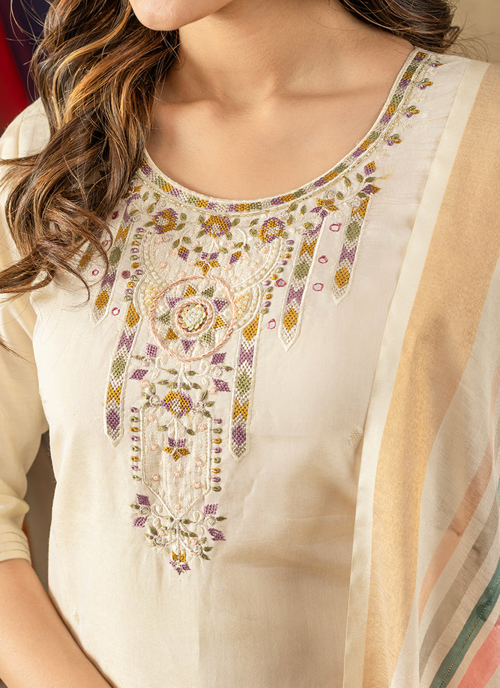 Off White Shimmer Silk Festive Wear Kurta Set