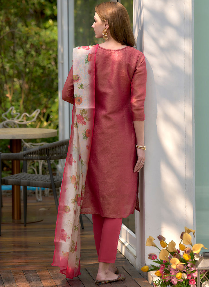 Red Tissue Kurta With Trouser And Dupatta