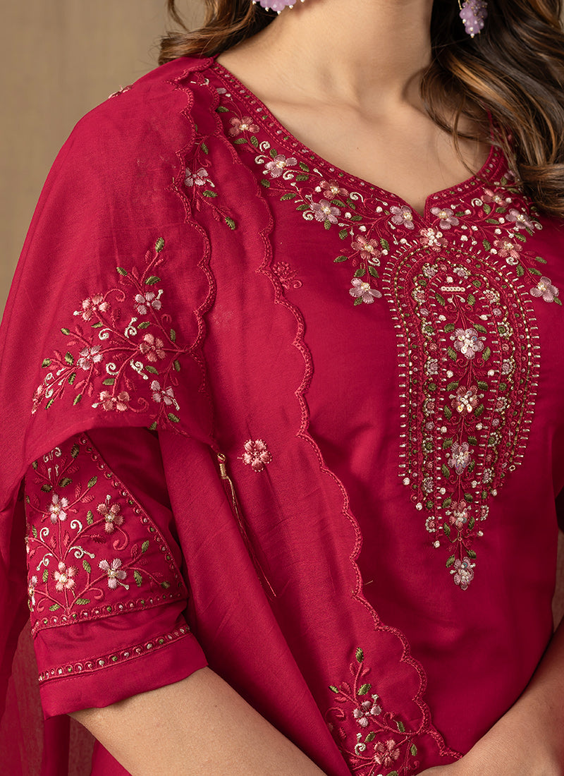 Rani Pink Roman Silk Thread Embroidered Kurta Set
