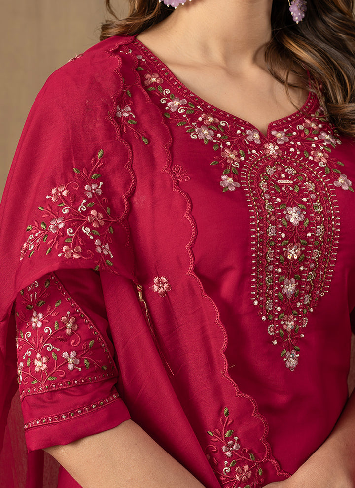 Rani Pink Roman Silk Thread Embroidered Kurta Set