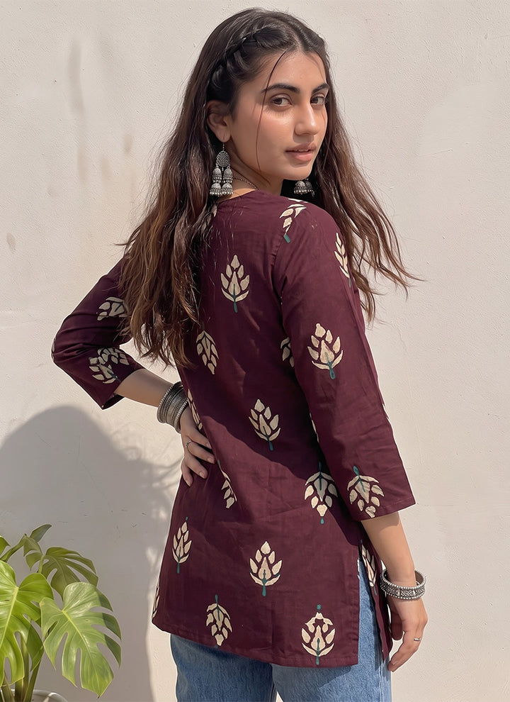 Wine Cotton Floral Printed Office Wear Kurti