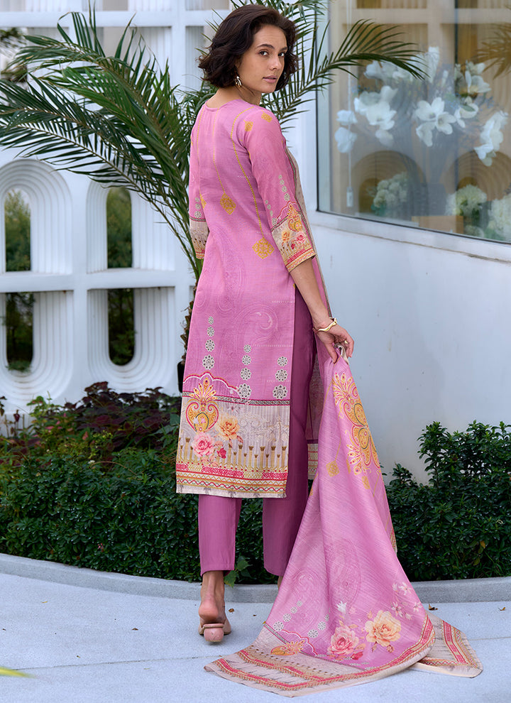 Grey And Pink Printed Silk Blend Festive Wear Kurta Set