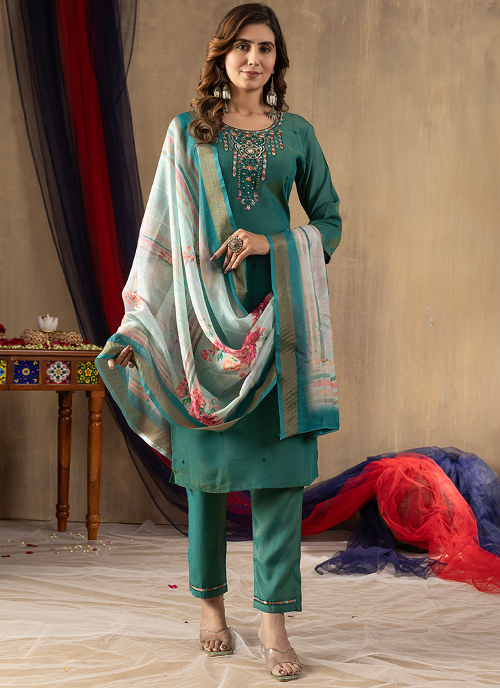 Rama Green Shimmer Silk Embroidered Kurta Set