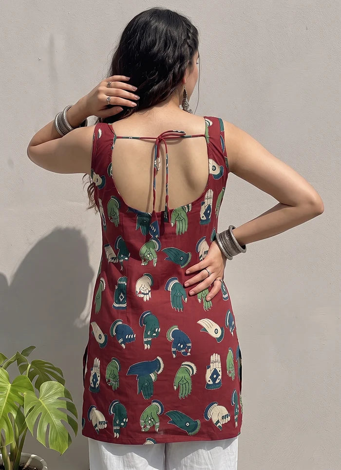 Maroon Cotton Printed Straight-Cut Kurti