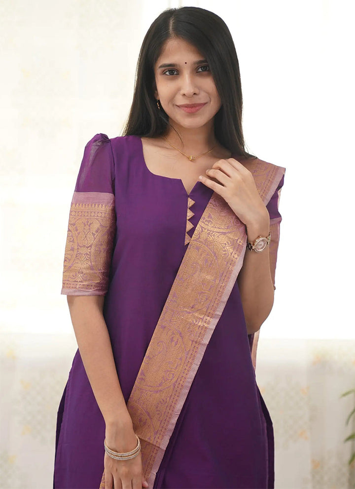 Purple Kanchi Cotton Woven Kurta And Dupatta For Casual Wear