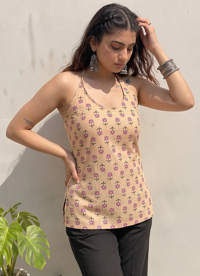 Peach Cotton Printed Sleeveless Kurti