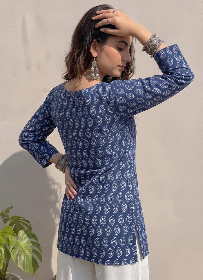 Blue Cotton Printed V Neck Outwear Kurti