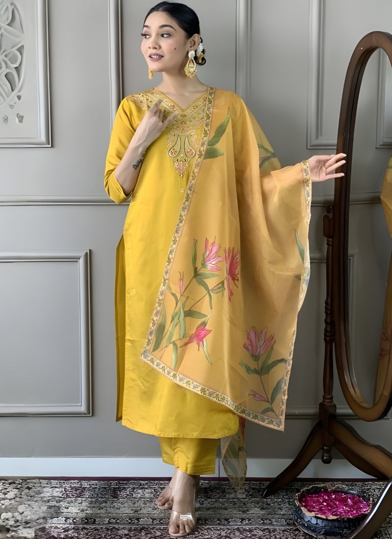 Yellow Embroidered Cottton Straight Ceremonial Kurta Set