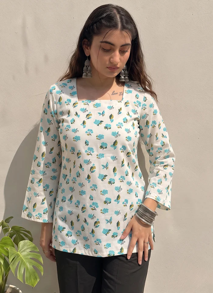 Off White Cotton Printed Office Wear Kurti