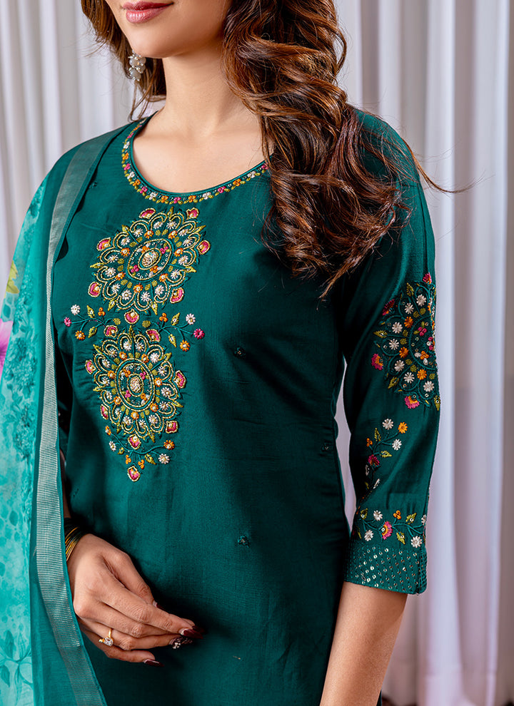 Green Viscose Silk Thread Work Festive Kurta Set