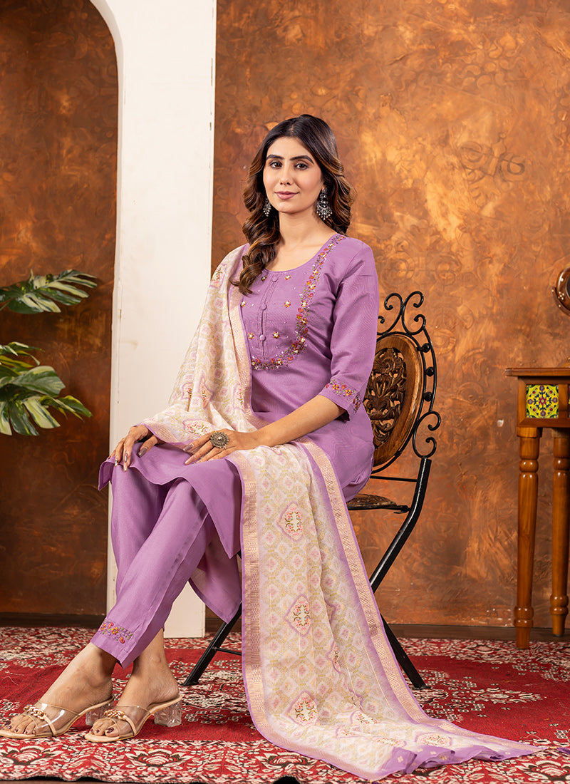 Lavender Marina Silk Embroidered Kurta Set