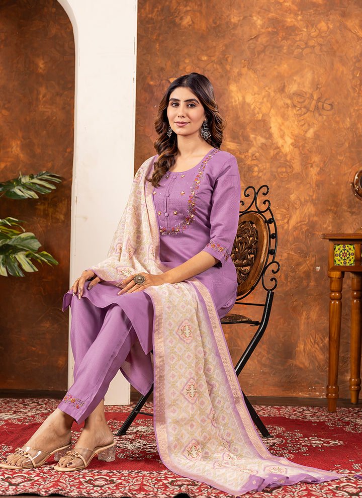 Lavender Marina Silk Embroidered Kurta Set