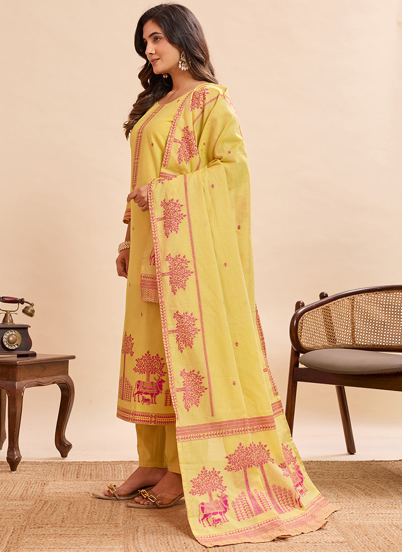 Yellow Pure Cotton Jacquard Haldi Kurta Set