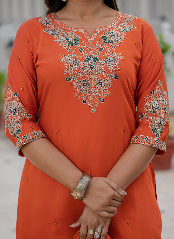 Orange Roman Silk Embroidered Kurta Set For Festive