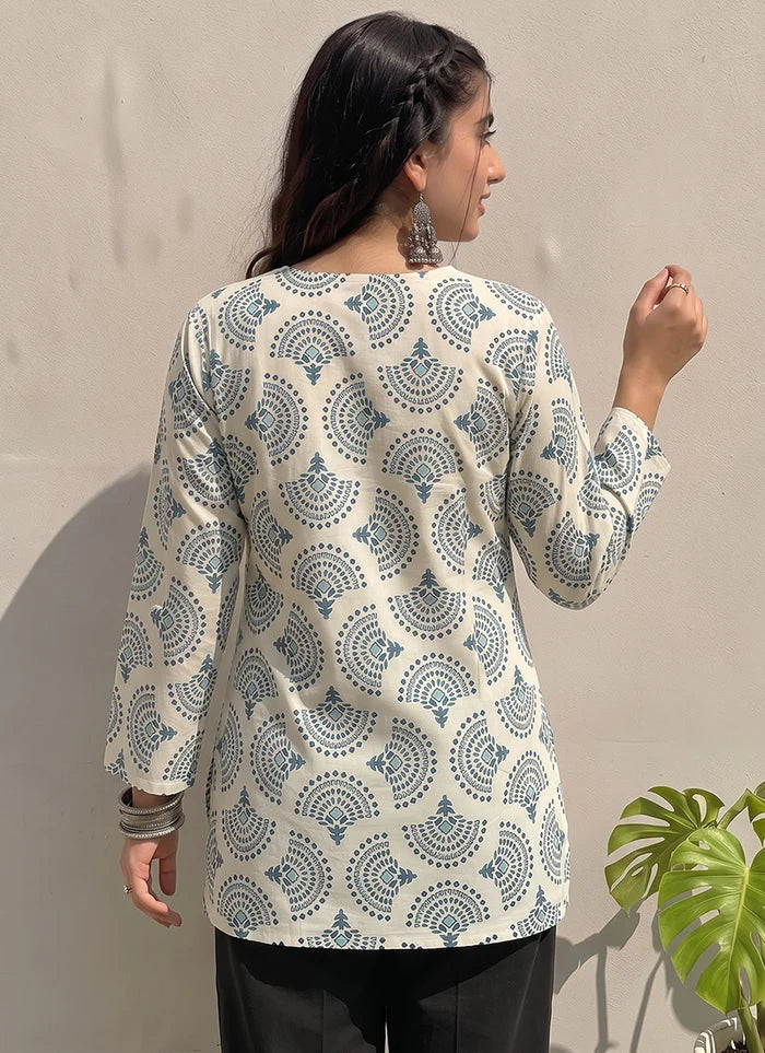 Off White Cotton Printed Office Wear Kurti