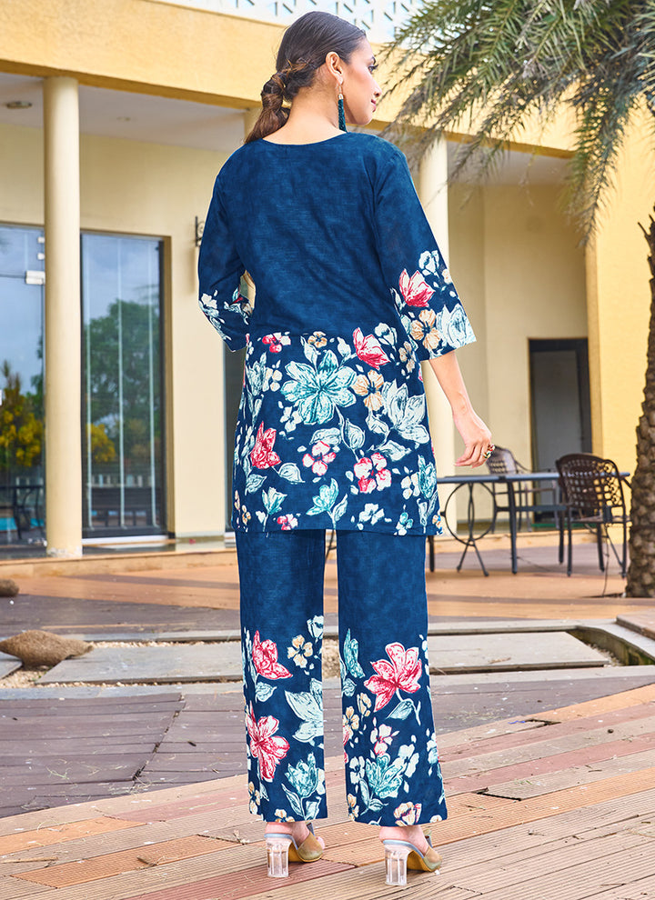 Blue Cotton Embroidered Festive Wear Cord Set