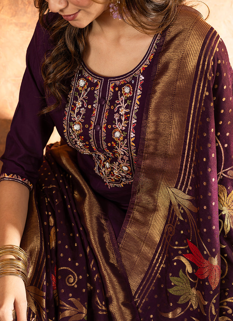 Wine Marian Silk Thread Work Kurta Set