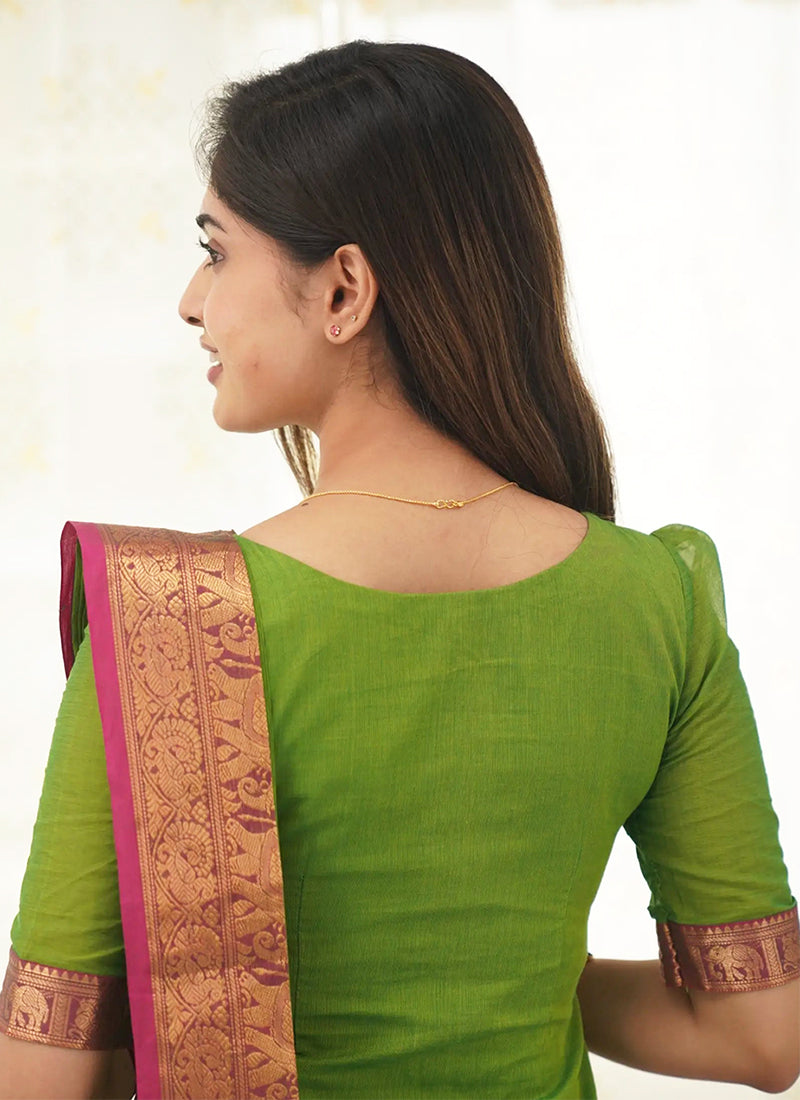 Leaf Green Kanchi Cotton Woven V-Neck Casual Kurta And Dupatta