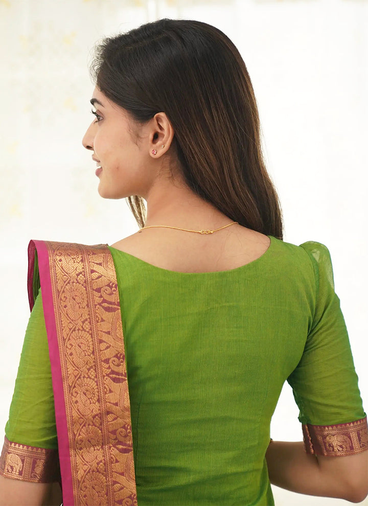 Leaf Green Kanchi Cotton Woven V-Neck Casual Kurta And Dupatta