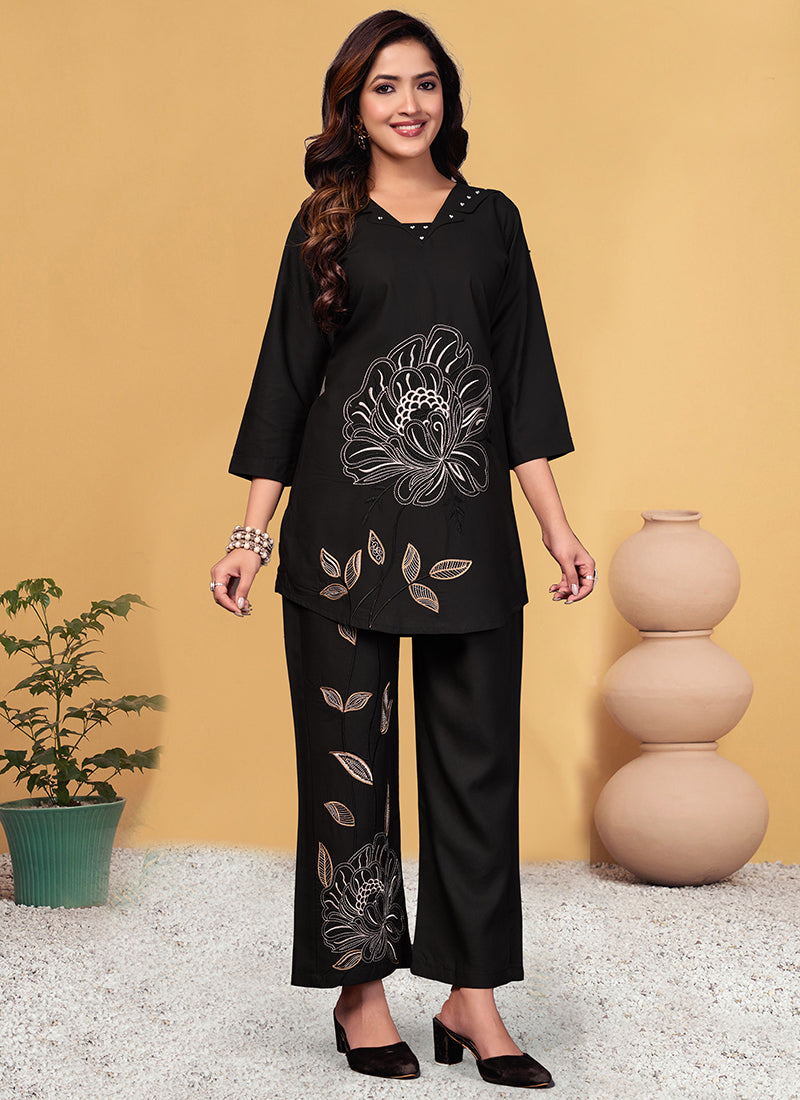 Viscose Rayon Black V Neck Cord Set For Outwear