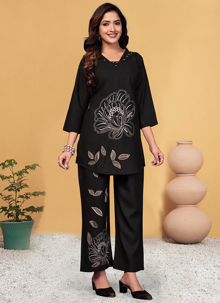 Viscose Rayon Black V Neck Cord Set For Outwear