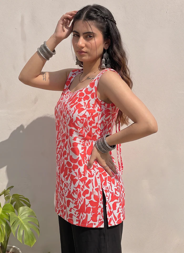 Red And White Cotton Printed Sleeveless Kurti