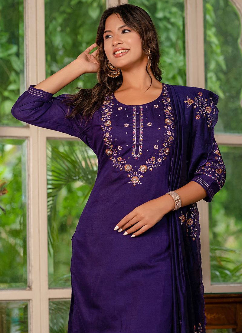 Violet Embroidered Marina Silk Festive Kurta Set