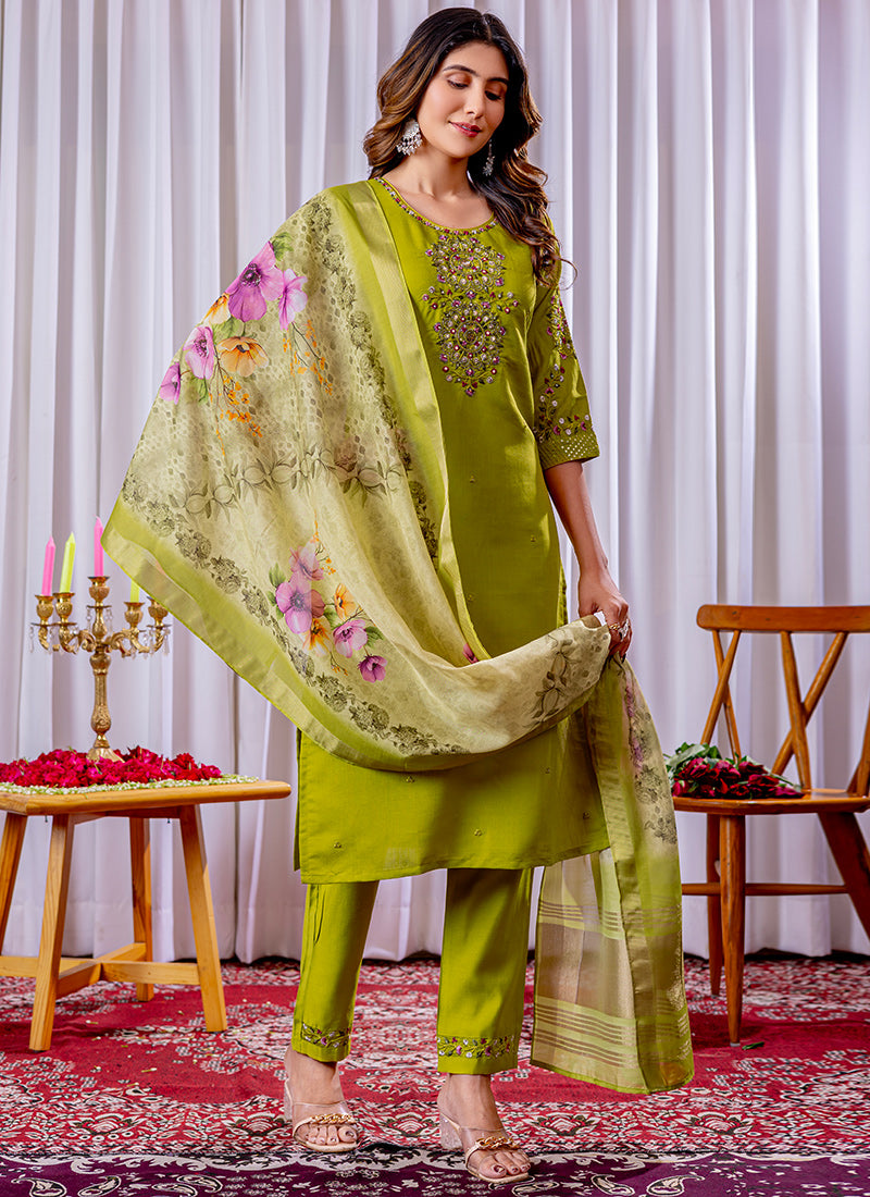 Parrot Green Viscose Silk Salwar Set For Festive